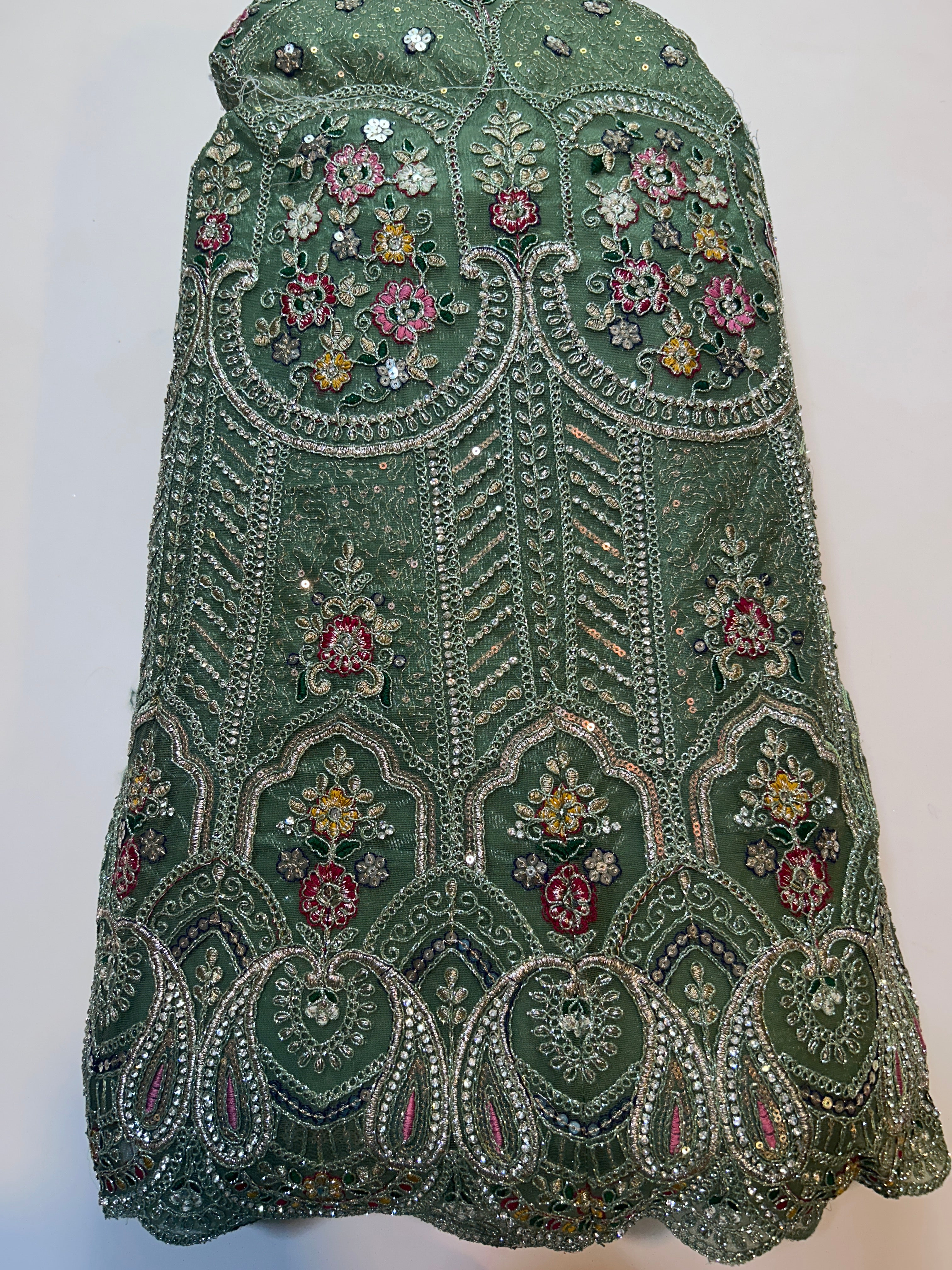 Heavy netted full work lehanga green
